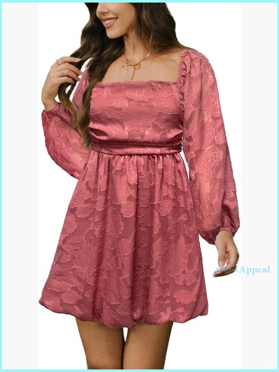 Dresses & Skirts - Floral Square Neck Long Sleeve Mini Dress Smocked Back A-Line Wedding Guest